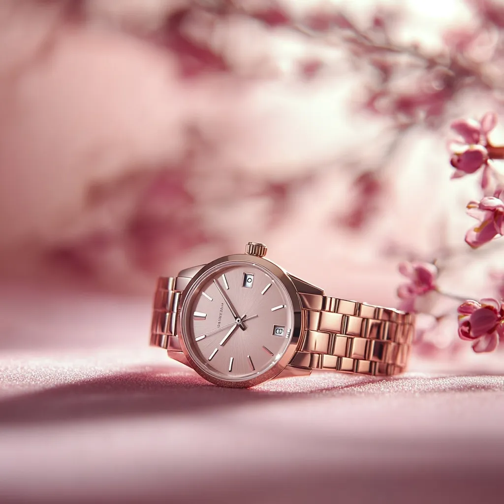 A rose gold Orient Star classic watch rests on a pink fabric backdrop, subtly blurred pink blossoms in the background.  The watch features a delicate rose gold bracelet and a light pink face with simple, elegant hands and markers.  The overall aesthetic is feminine and sophisticated, conveying a sense of understated luxury.