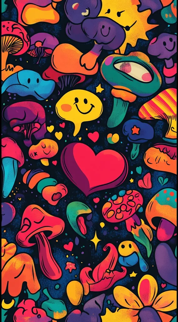 A vibrant, psychedelic illustration features a dense array of colorful mushrooms, flowers, and hearts against a dark background.  Smiling faces are incorporated into the designs, creating a whimsical and playful mood. The style is reminiscent of 1960s and 70s counterculture art, with bold outlines and saturated colors. The overall impression is one of happy chaos and energetic creativity.