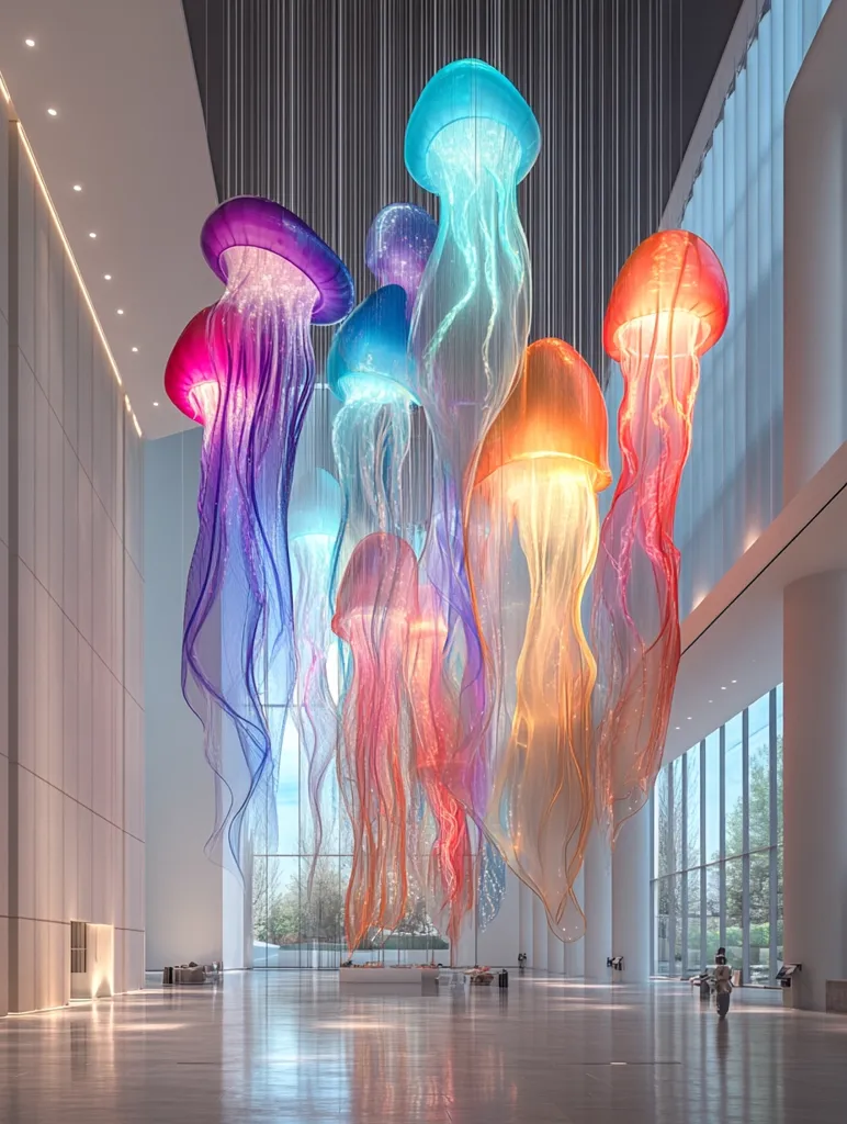 A stunning installation of jellyfish-shaped lights hangs from the high ceiling of a modern, bright atrium.  The translucent, flowing forms are illuminated in a spectrum of vibrant colors, creating a mesmerizing and ethereal atmosphere. The large space reflects the light, enhancing the overall impact of this captivating art piece.