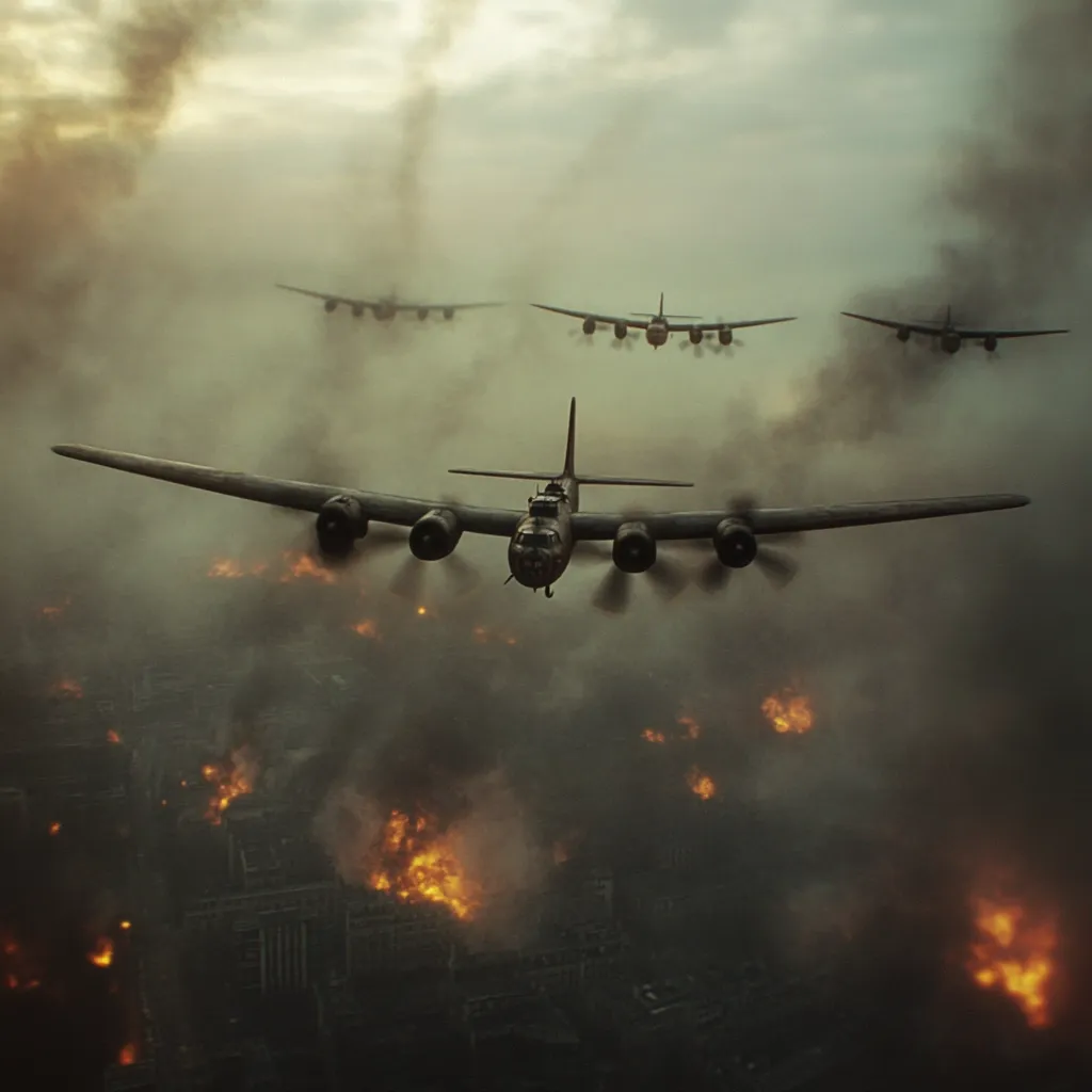 A squadron of four heavy bombers flies over a city engulfed in flames and smoke.  The lead bomber is prominently featured in the foreground, its engines churning.  The scene evokes a dramatic wartime aerial bombardment, likely depicting a major city under attack.  The dark, smoky atmosphere intensifies the image's sense of destruction and chaos.