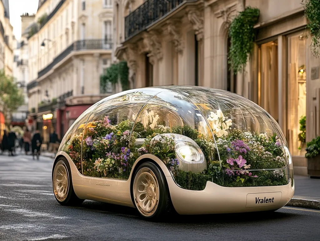 A small, cream-colored, self-driving car, branded "Vralent," is parked on a Parisian street.  Its interior is a transparent bubble filled with an abundance of colorful flowers, creating a unique and eye-catching floral display. The car is sleek and modern, contrasting with the traditional Parisian architecture in the background.  The scene is peaceful and suggests a futuristic concept of sustainable transportation.