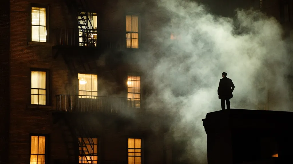 A silhouetted figure stands on a rooftop at night, shrouded in thick fog or smoke.  Behind him, a brick building glows with warm light from its windows. The scene evokes a mood of mystery and suspense, perhaps hinting at a crime drama or historical setting.  Fire escapes climb the building's facade, adding to the atmosphere.