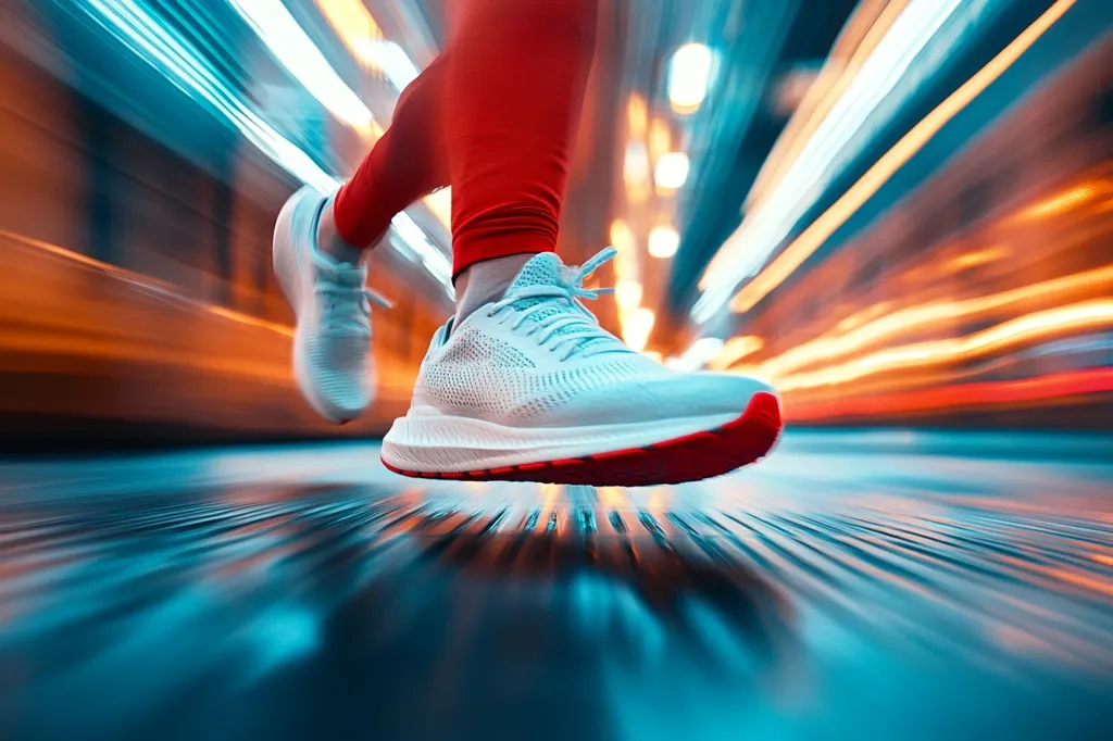 A runner's legs and feet are captured in motion, blurring against a backdrop of vibrant city lights at night.  The runner wears red leggings and white running shoes with a red accent. The image emphasizes speed and dynamism, with the motion blur creating a sense of energy and movement through the urban environment.