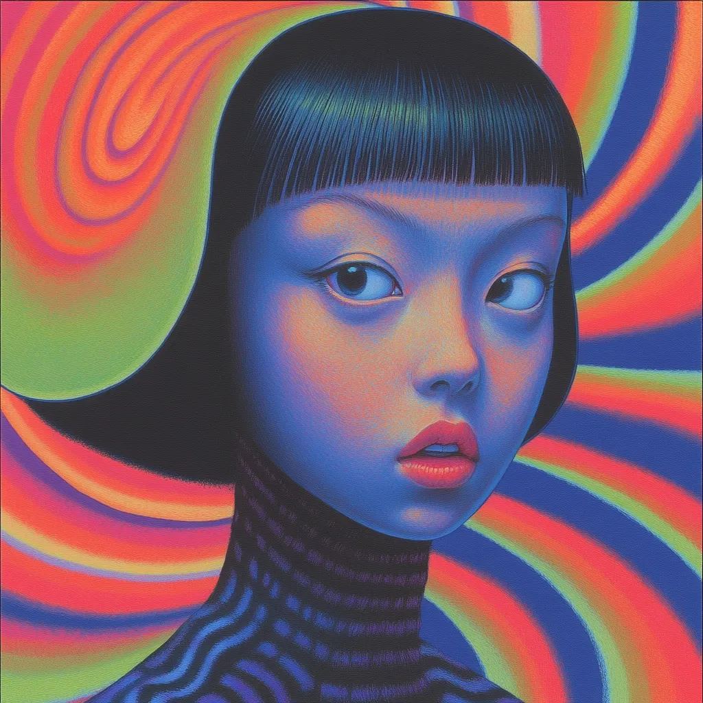 A stylized portrait of a young woman with dark bobbed hair, rendered in vibrant, swirling hues of blues, greens, oranges, and reds. Her expression is one of slight surprise or curiosity.  The background features a hypnotic, radiating pattern that complements the subject's attire and overall psychedelic aesthetic.  The artwork is characterized by a painterly, textured style.