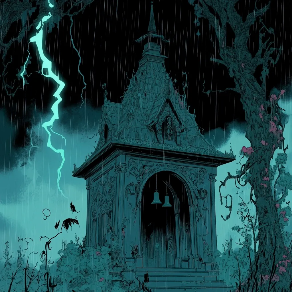 A gothic-style bell tower stands under a stormy sky, rain lashing down.  Lightning illuminates the scene, casting an eerie teal glow on the decaying structure.  Overgrown vegetation and gnarled trees surround the building, enhancing its desolate and mysterious atmosphere.  Two bells hang within the arched entrance, silent in the tempest. The overall impression is one of haunting beauty and foreboding.