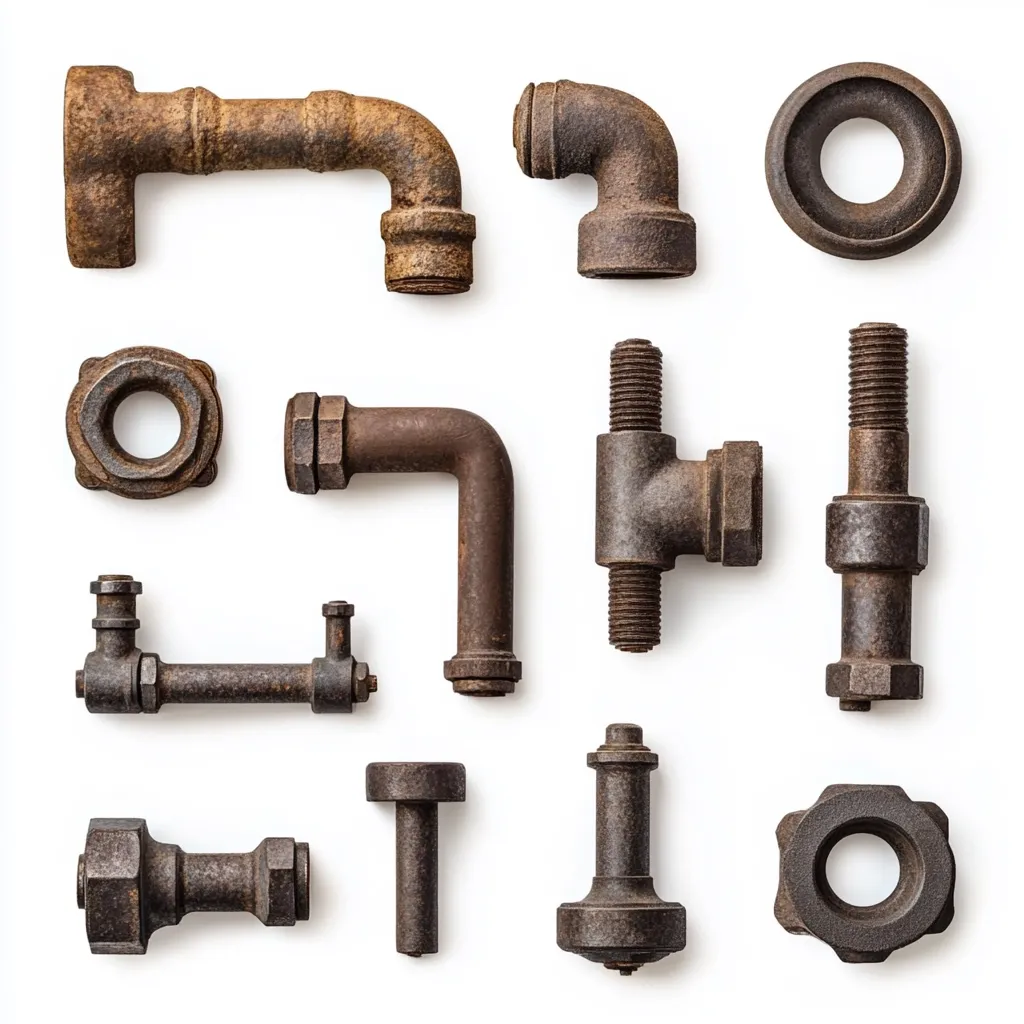 A collection of twelve rusty metal pipe fittings and components are arranged against a white background.  The assortment includes elbows, connectors, nuts, bolts, and a flange, showcasing various shapes and sizes.  The aged, dark brown patina suggests considerable use or weathering, giving the items a vintage or industrial aesthetic.