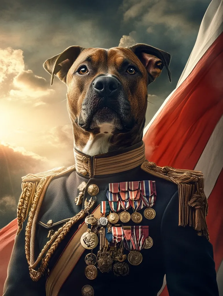 A majestic brown and white pit bull terrier is depicted in a military officer's uniform, adorned with numerous medals and a gold braid.  A large flag drapes behind the dog, adding to the dramatic, patriotic composition.  The image is professionally edited, with a focus on the dog's regal bearing and the detailed military attire.  The background suggests a cloudy sky, hinting at a heroic or powerful narrative.