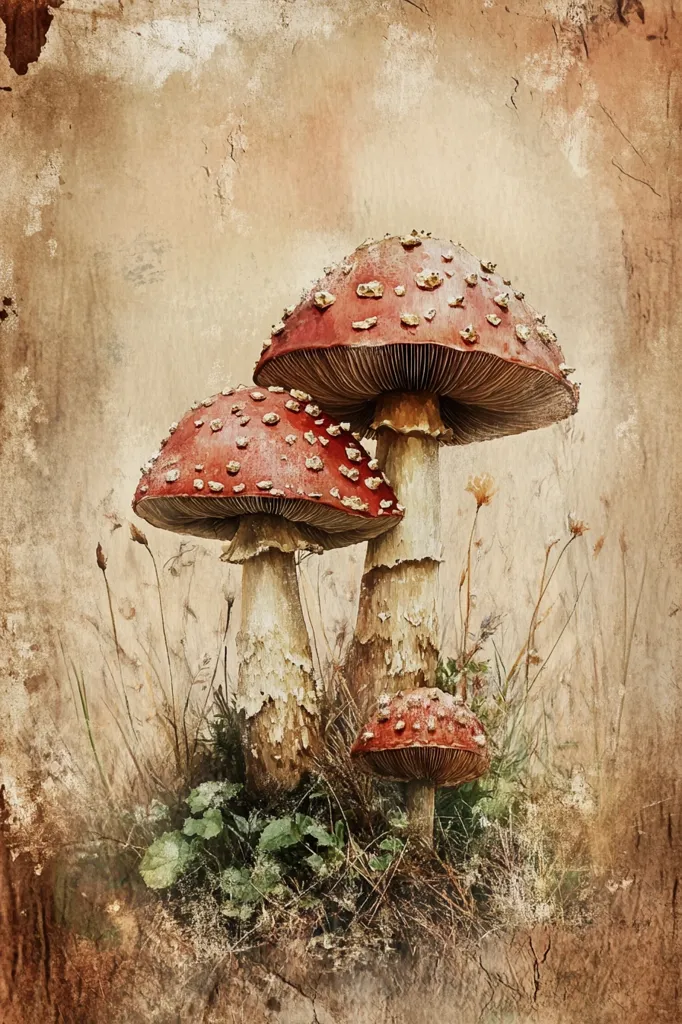 Three fly agaric mushrooms emerge from a bed of low-lying vegetation.  The largest mushroom dominates the foreground, with two smaller counterparts nestled beside it.  The image is styled with a textured, vintage background, giving it a nostalgic and slightly whimsical feel.  The mushrooms' vibrant red caps, speckled with white, contrast beautifully with the muted tones of the background.