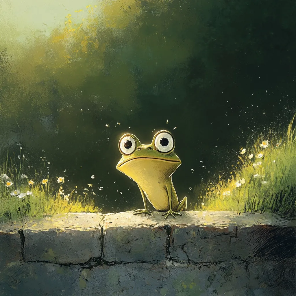 A cartoon frog with large, expressive eyes sits atop a low stone wall.  The frog is light green and yellow, and appears curious.  Behind it, a soft green background features blurred foliage and delicate white flowers.  The overall style is whimsical and charming, suggesting a peaceful, natural setting.