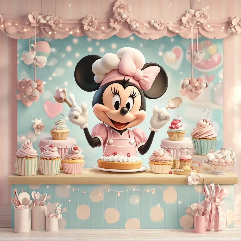 Minnie Mouse, dressed as a baker in a pink chef's outfit, proudly presents an array of delightful cupcakes and a large cake.  She stands behind a pastel-colored counter adorned with string lights and pink decorations.  The scene is sweet and charming, perfect for a birthday or celebratory occasion.  Various pink and white cupcakes and treats are arranged on tiered stands, creating a visually appealing bakery display.