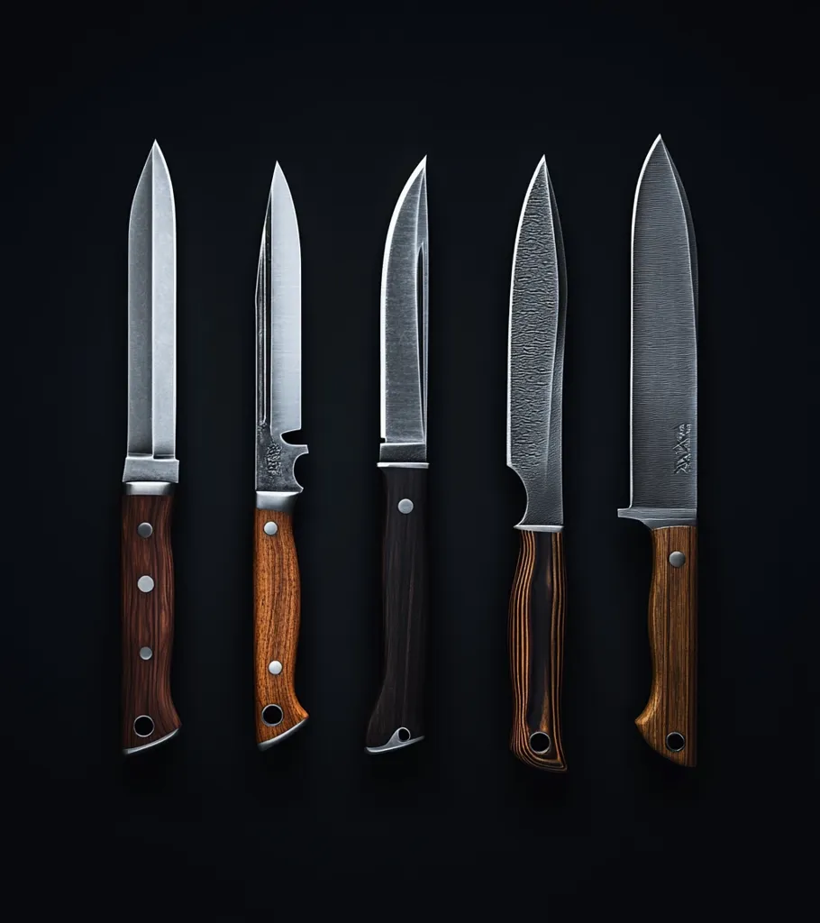 Five knives with varying blade styles and wooden handles are arranged vertically against a black background.  The blades are metallic silver and grey, exhibiting different textures.  The handles showcase a variety of wood grains and colors, including dark brown, lighter brown, and dark wood with streaks.  The image emphasizes the contrast between the sharp blades and the natural warmth of the wood.