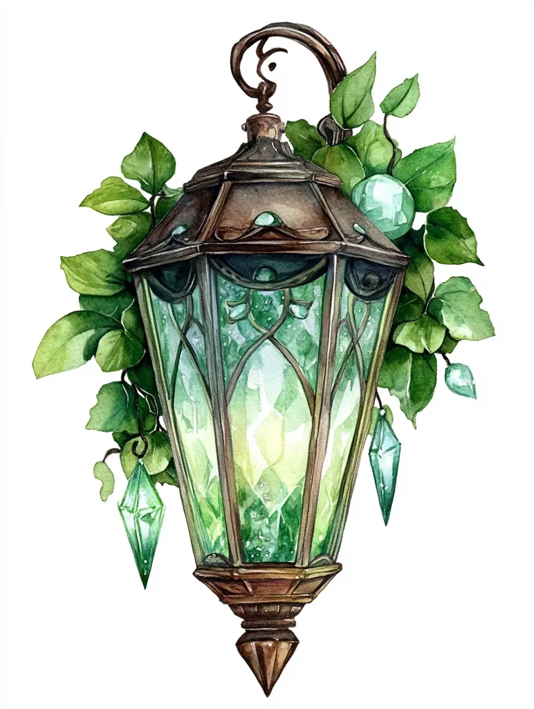 A watercolor painting depicts an ornate, antique-style lantern with a bronze frame and green glass panels.  Lush green leaves and vibrant green crystals adorn the lantern, creating a whimsical, enchanted atmosphere.  The lantern's design suggests a fantastical or fairytale setting, with intricate details and a soft glow emanating from within. The overall style is delicate and romantic.