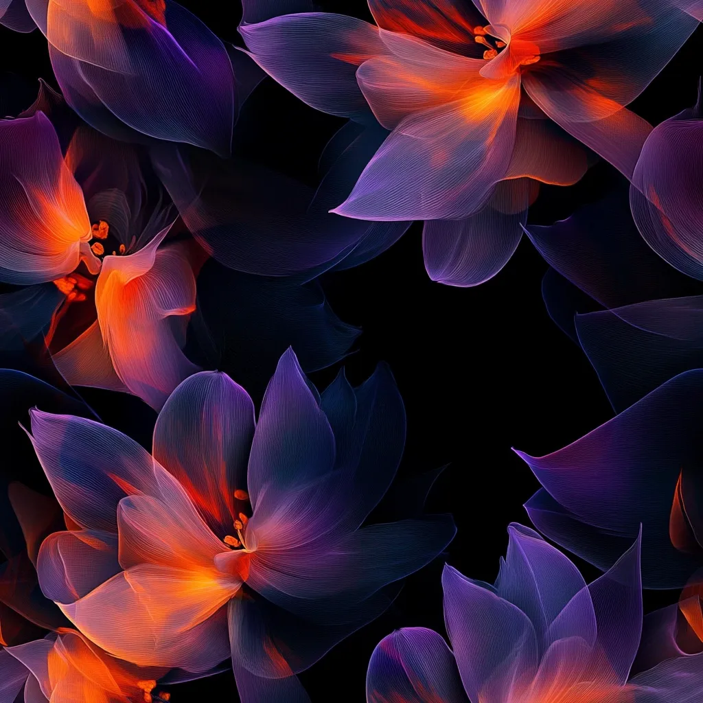 A close-up showcases a vibrant arrangement of stylized flowers against a stark black backdrop.  The blossoms are rendered in rich hues of purple and deep orange, their translucent petals creating a luminous effect.  The intricate details of the flowers are highlighted, emphasizing their delicate texture and ethereal quality. The overall composition evokes a sense of mystery and elegance.
