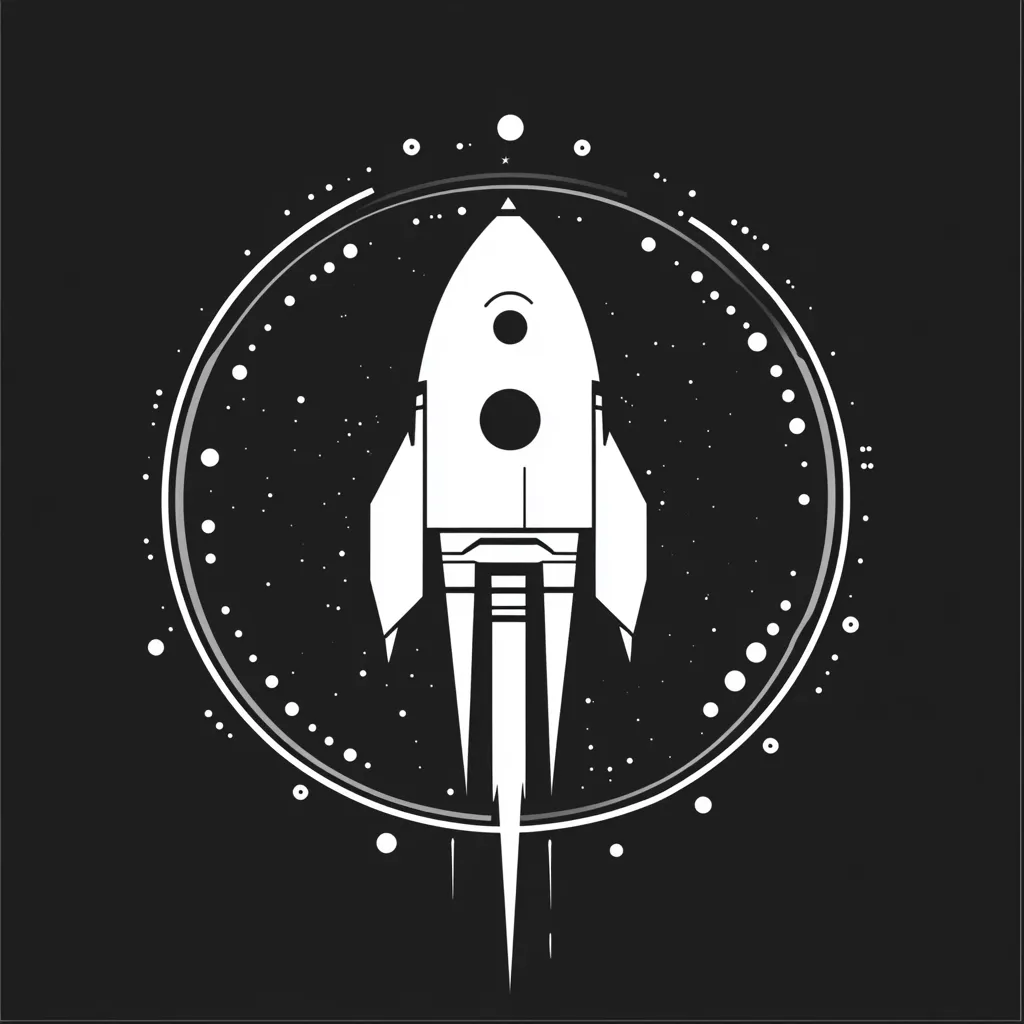 A stylized white rocket ship ascends through a dark, starry space, encircled by a ring of light and smaller dots. The rocket's design is minimalist, featuring bold lines and simple shapes.  The contrast between the white rocket and the black background creates a striking visual effect, suggesting a sense of movement and exploration.  The overall image evokes a feeling of futuristic travel and the vastness of space.