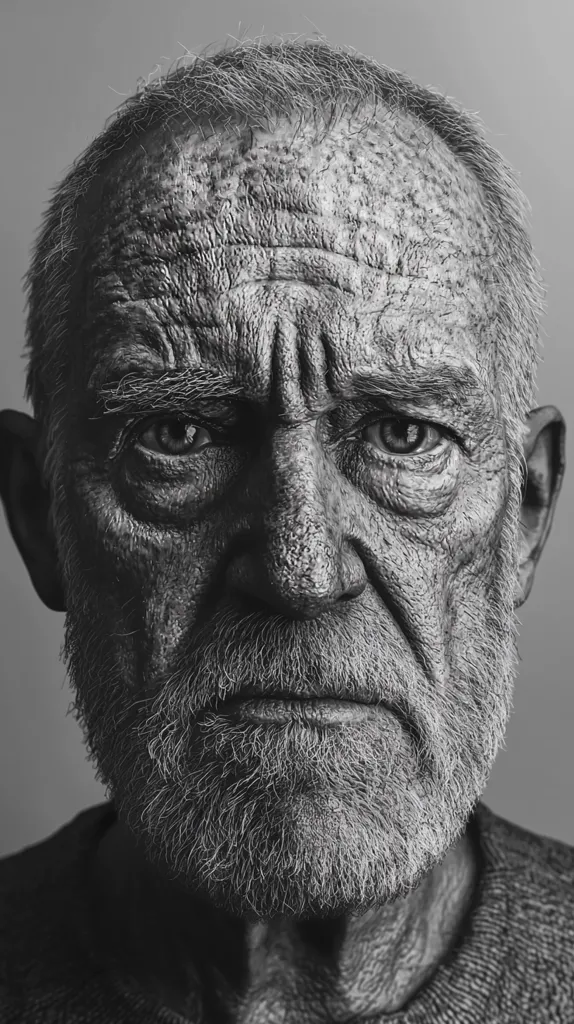 A black and white close-up portrait of an elderly man.  His face is deeply lined and weathered, showcasing a lifetime of experience.  His eyes are intense, conveying a sense of wisdom and perhaps weariness.  A full, gray beard frames his mouth, which is set in a neutral expression. The image's stark contrast emphasizes the texture of his skin and hair.