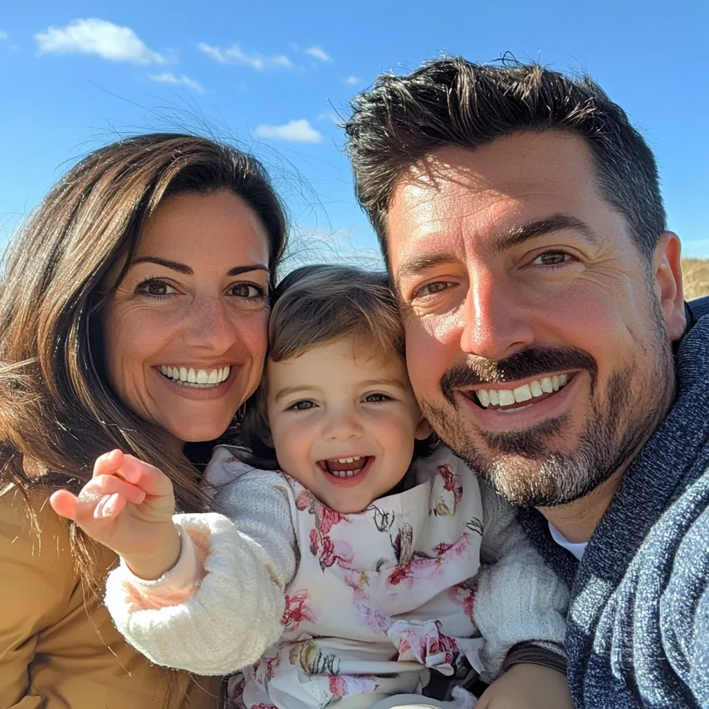 A happy family portrait shows a smiling mother, father, and toddler daughter.  The mother has long brown hair and is wearing a mustard-colored jacket. The father has short dark hair and a beard, wearing a navy sweater. Their daughter, wearing a floral cream-colored sweater, is playfully reaching out her hand.  The bright blue sky and wispy clouds form a cheerful backdrop.  They appear to be outdoors on a sunny day.