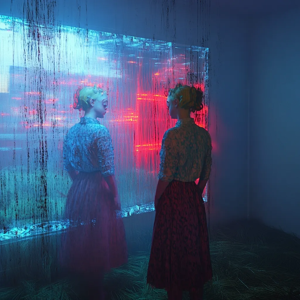 Two women, identically styled in teal blouses and burgundy skirts, stand before a large, translucent panel.  The panel's surface is textured and illuminated with a vibrant red and blue light pattern, creating a mirrored effect.  The women appear to be observing their reflections in a surreal, dimly lit environment, possibly an art installation.  The floor is covered in a low-lying, grassy texture.