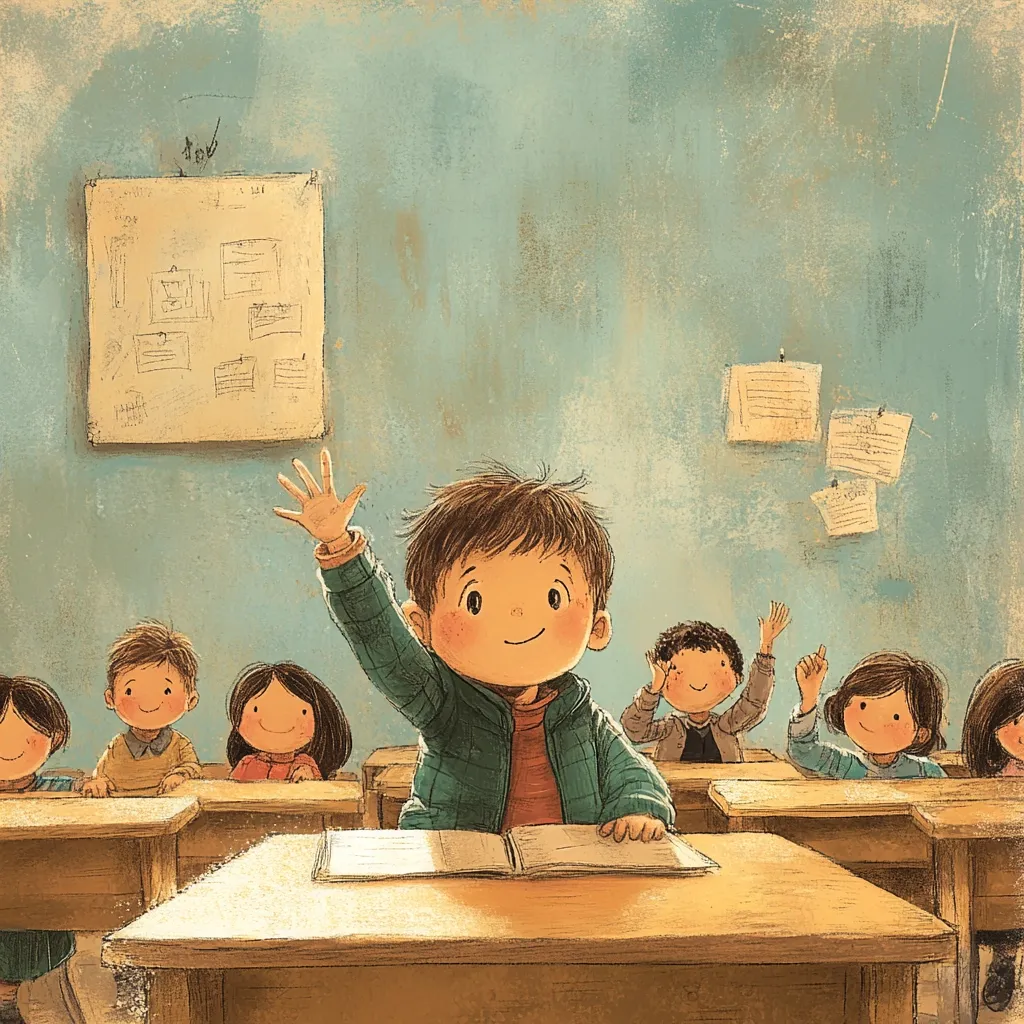 A cheerful boy sits at his desk in a classroom, his hand raised enthusiastically.  Surrounding him, classmates sit attentively at their desks.  The classroom is simply decorated with a whiteboard and papers on the wall, creating a warm and inviting atmosphere. The illustration evokes a sense of learning and participation in a friendly school environment.  Sunlight streams in, illuminating the scene.