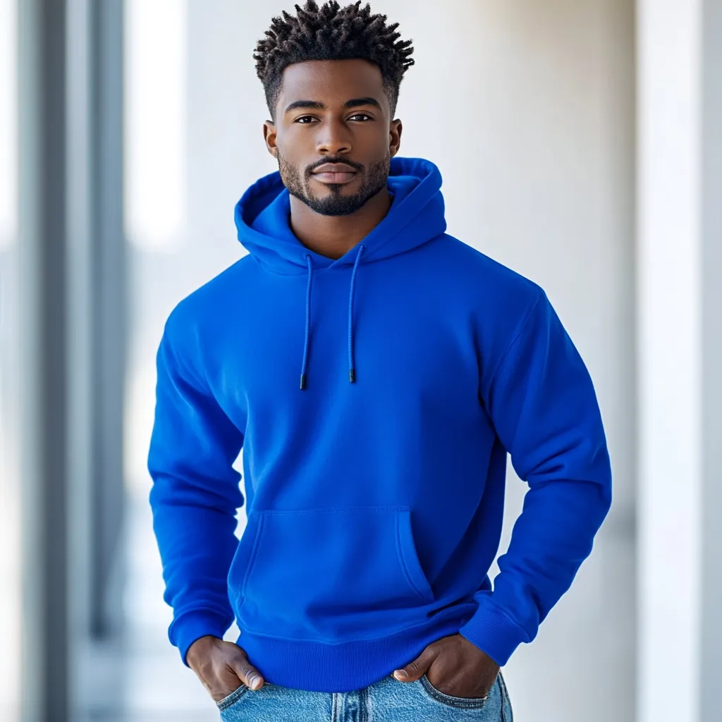 A young Black man with short dreadlocks stands confidently, hands in pockets. He's wearing a vibrant royal blue hoodie, a simple yet stylish design that complements his casual yet put-together look.  The hoodie's solid color and relaxed fit create a clean and modern aesthetic. His expression is serious and direct, engaging the viewer with a sense of quiet strength.