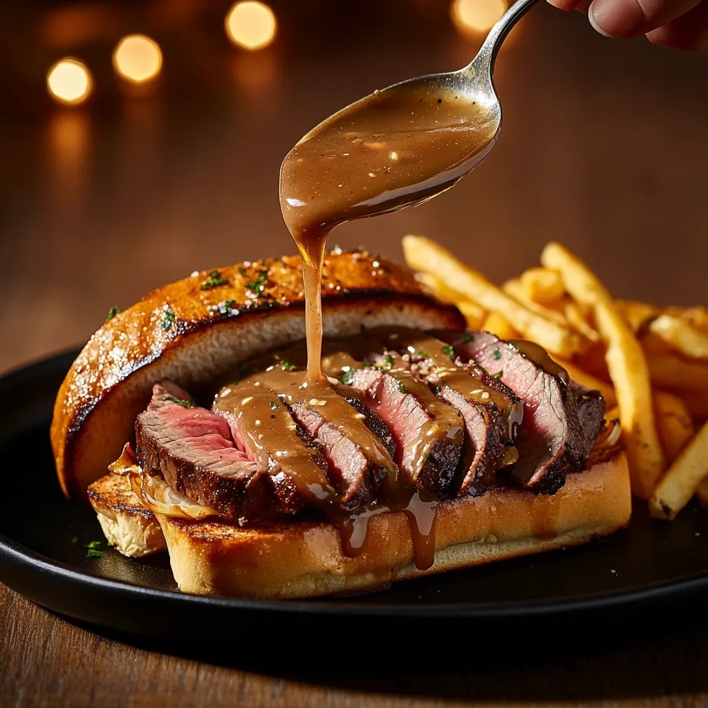 A delectable steak sandwich is the star of this close-up shot.  Sliced steak, generously drizzled with a rich brown gravy, sits nestled between toasted bread.  A side of golden french fries adds to the enticing presentation. The warm lighting and shallow depth of field create a mouthwatering visual, highlighting the texture and deliciousness of the meal.  A spoon pours more gravy, enhancing the overall appetizing scene.