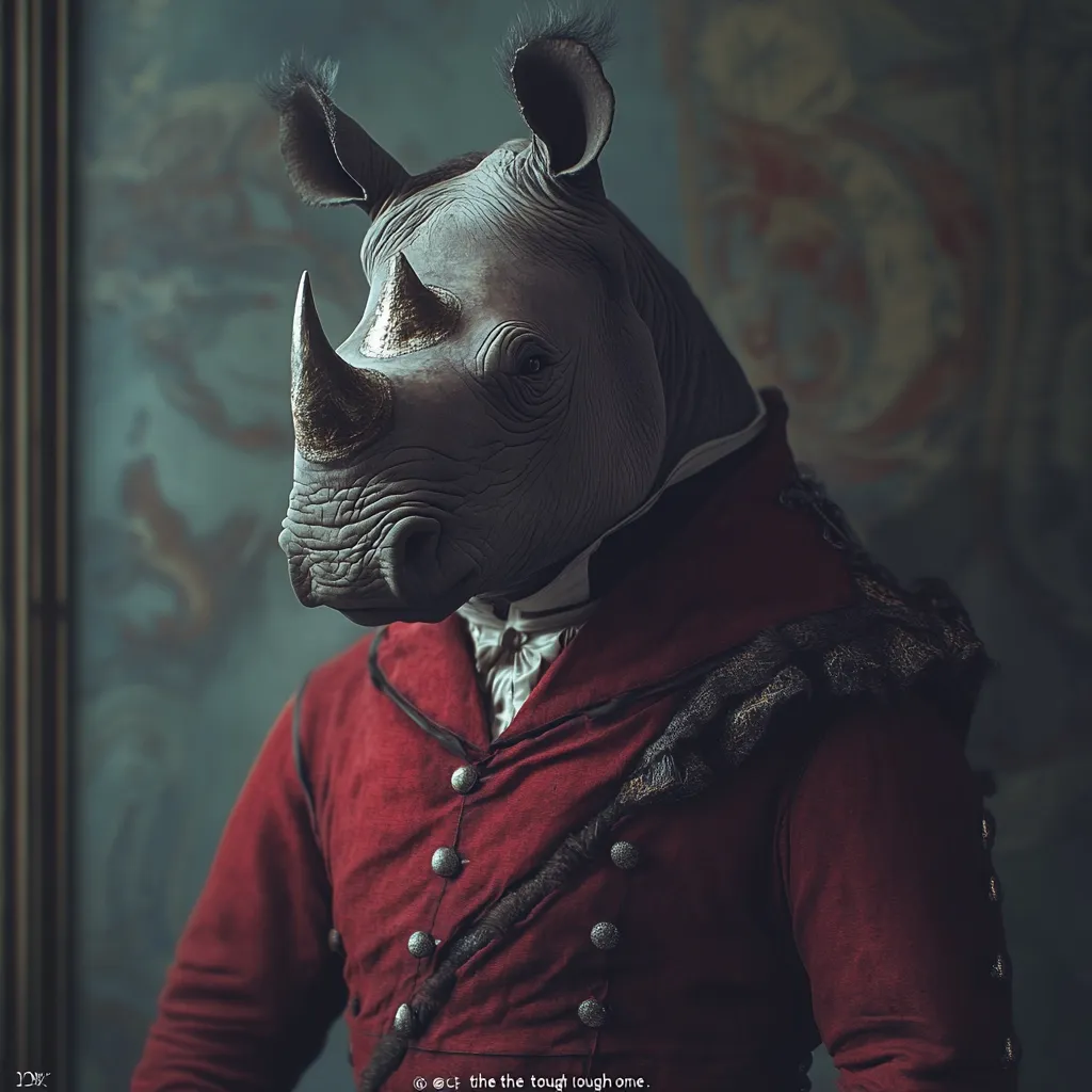 A majestic rhinoceros, its head seamlessly integrated onto a human body, is the striking subject of this portrait.  Dressed in a richly colored, ornate red jacket with dark embellishments and a crisp white cravat, the rhino exudes an air of dignified formality. The background features a muted, antique-style painting, complementing the overall mood of timeless elegance and unexpected juxtaposition.