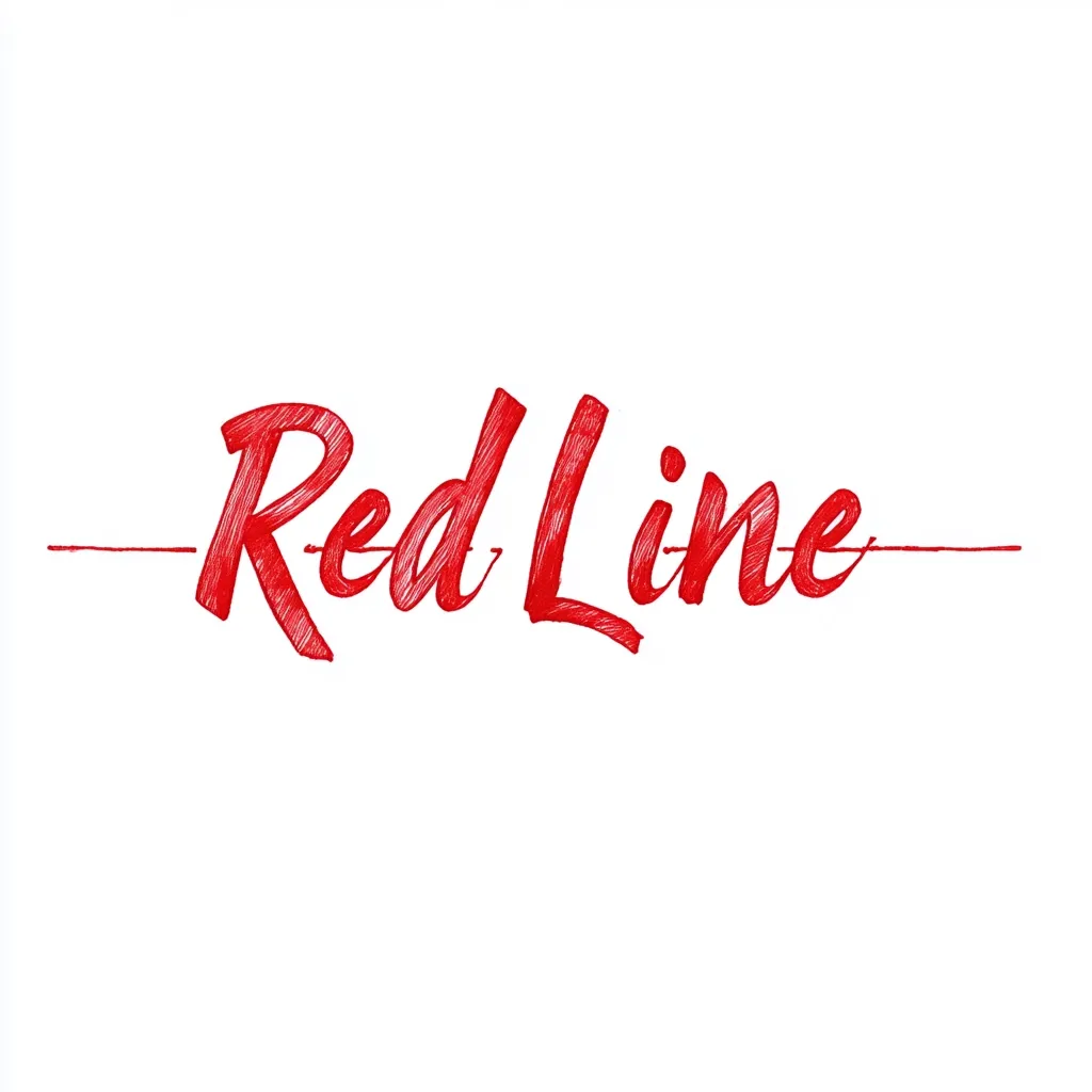 The image features the words "Red Line" written in a stylized, hand-drawn red script font.  The text is positioned centrally on a white background, with a thin, horizontal red line extending on either side, subtly underlining the phrase.  The overall aesthetic is simple and clean, with a focus on the bold red lettering.
