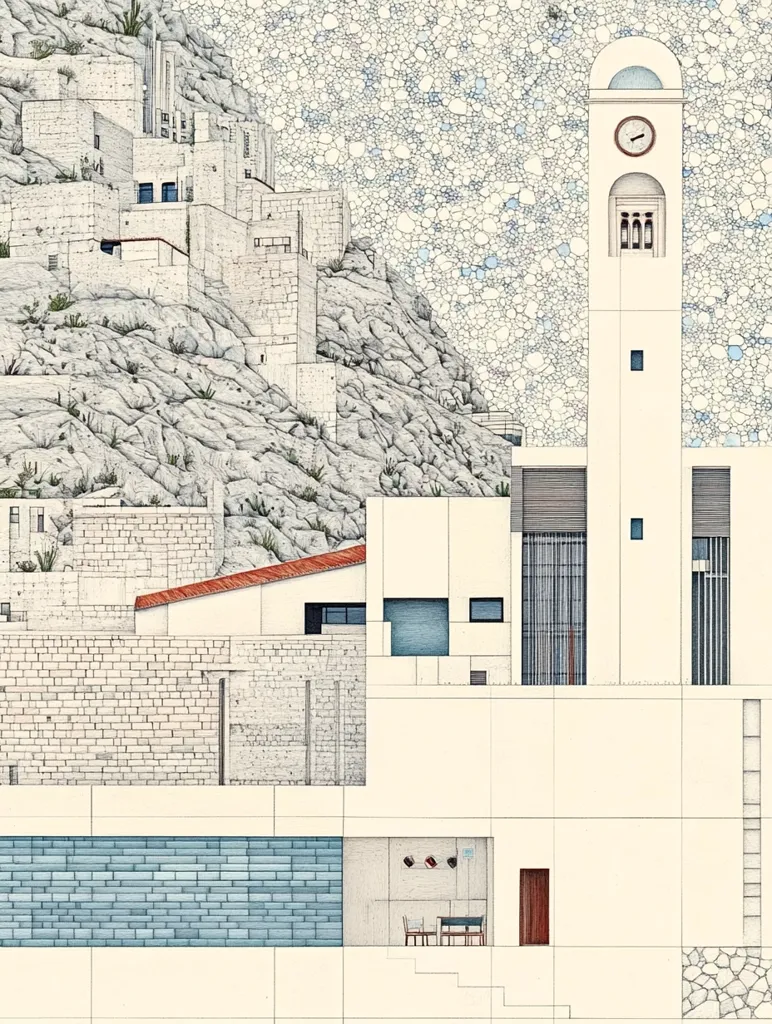 A detailed architectural drawing depicts a building complex nestled against a rocky hillside.  The style is minimalist, with clean lines and muted colors.  A prominent clock tower stands tall, overlooking a series of interconnected structures. The drawing showcases both exterior and interior views, providing a comprehensive representation of the design. The background suggests a Mediterranean or similar climate.