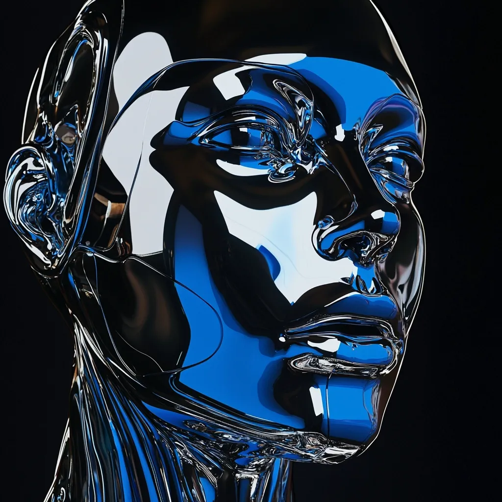 A close-up reveals a meticulously crafted chrome bust, possibly a robot or android head, gleaming with a deep blue hue.  The reflective surface showcases intricate details of the face and neck, hinting at a futuristic or technological aesthetic. The dark background emphasizes the sculpture's polished, metallic form.  The image exudes a sense of sleek sophistication and otherworldly beauty.