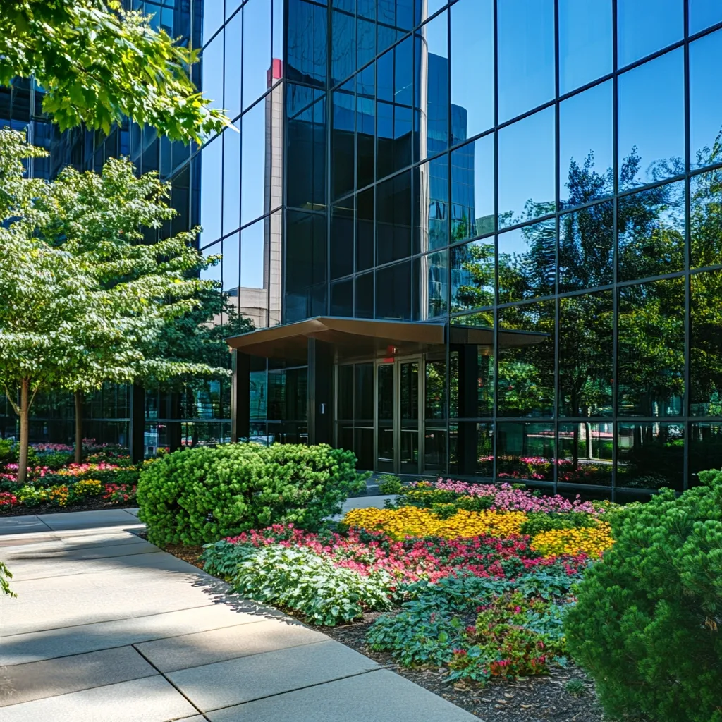 A modern glass office building is surrounded by a meticulously landscaped garden.  Vibrant colorful flowers and lush green shrubs line a paved walkway leading to the building's entrance. The glass facade reflects the surrounding trees and sky, creating a striking contrast between the natural and built environments.  The scene evokes a sense of calm and tranquility within an urban setting.