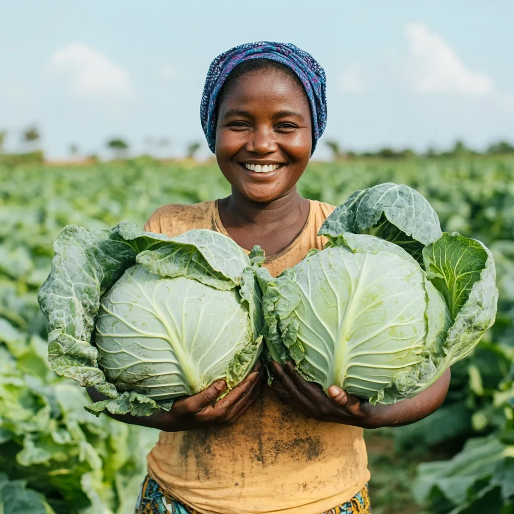 A smiling African woman, wearing a head wrap, stands in a lush cabbage field.  She proudly holds two large, freshly harvested cabbages close to her chest. The vibrant green of the cabbages contrasts beautifully with her warm, earthy-toned clothing and the bright sunlight.  Her joyful expression reflects the abundance of her harvest.