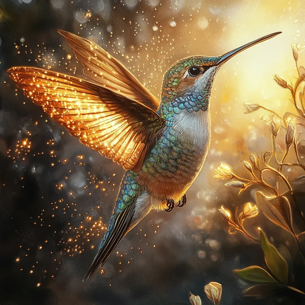 A hummingbird, depicted with vibrant, jewel-toned plumage, hovers mid-flight.  Its wings are illuminated with golden light, creating a magical, ethereal effect.  Sparkling particles trail behind it, adding to the fantastical scene. The background features soft, warm light and blurred floral elements, enhancing the overall dreamlike quality of the artwork.