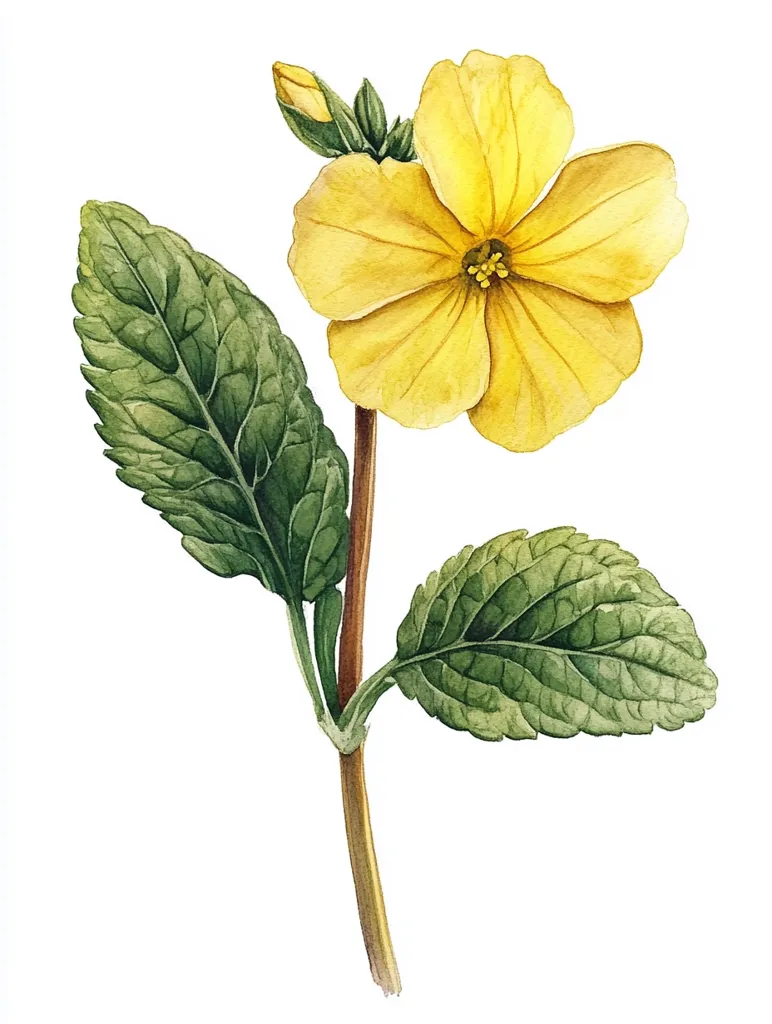A watercolor painting showcases a single, vibrant yellow flower, its petals delicately rendered.  The flower is attached to a slender, brown stem, accompanied by a pair of lush, green leaves. A small bud is visible just above the main bloom, suggesting potential for further growth. The style is botanical, precise in its detail and color.  The background is stark white, emphasizing the flower's beauty.