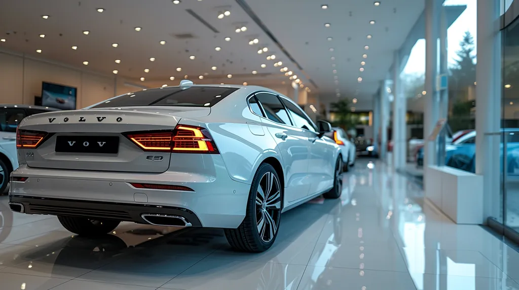 A sleek, silver Volvo S90 sedan is showcased in a modern, brightly lit car showroom.  The rear of the vehicle is prominently displayed, highlighting its design details and taillights. Other cars are visible in the background, blurred slightly to emphasize the featured Volvo. The showroom floor is polished and reflective, creating a clean and sophisticated atmosphere.