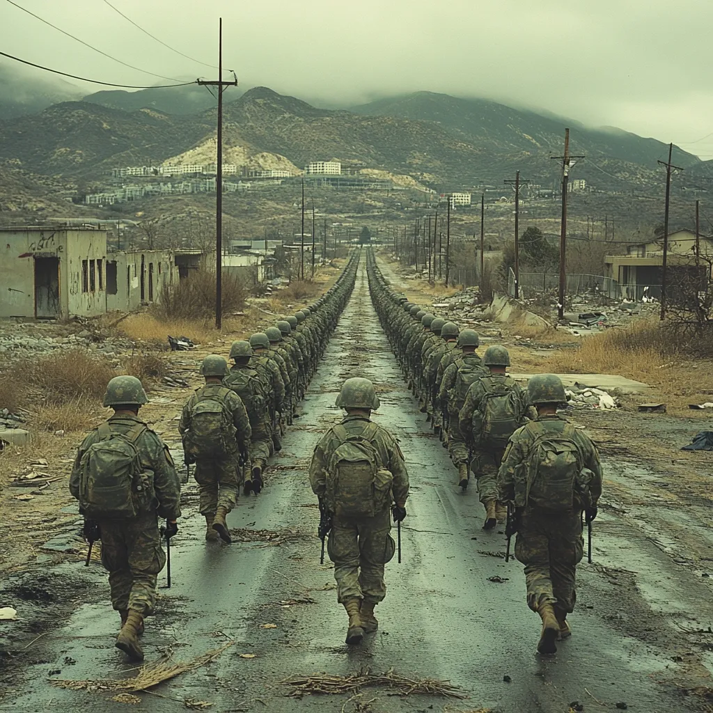 A long column of soldiers in camouflage uniforms marches down a desolate road.  The road stretches towards a distant mountain range under a grey sky.  The surrounding area appears abandoned and dilapidated, with ruined buildings lining the street. The soldiers' backs are to the camera, creating a sense of solemnity and forward momentum. The overall atmosphere is one of war or post-conflict desolation.
