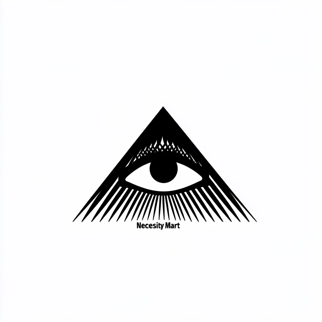 The image is a stylized representation of the Eye of Providence, a symbol often associated with the Illuminati.  A single eye is depicted within a triangle, radiating outward with sharp lines.  Below the symbol, the words "Necessity Mart" are printed in simple, sans-serif font. The overall design is minimalistic and uses only black and white.