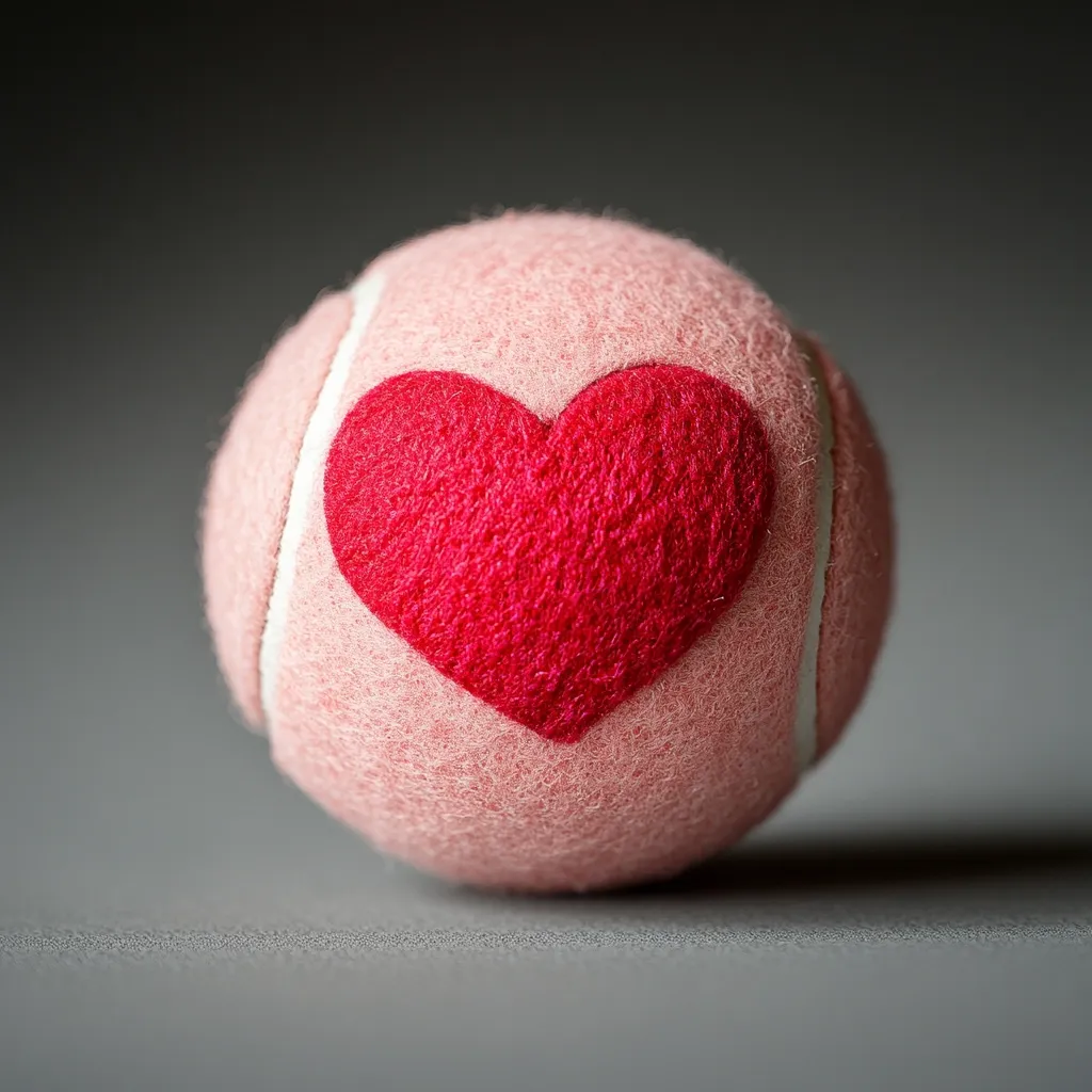 A pink tennis ball features a vibrant red felt heart prominently displayed on its surface.  The ball rests on a gray surface, creating a soft, romantic contrast. The image is sharply focused, highlighting the texture of both the ball and the heart.  The overall mood is one of gentle affection and playful sentiment.