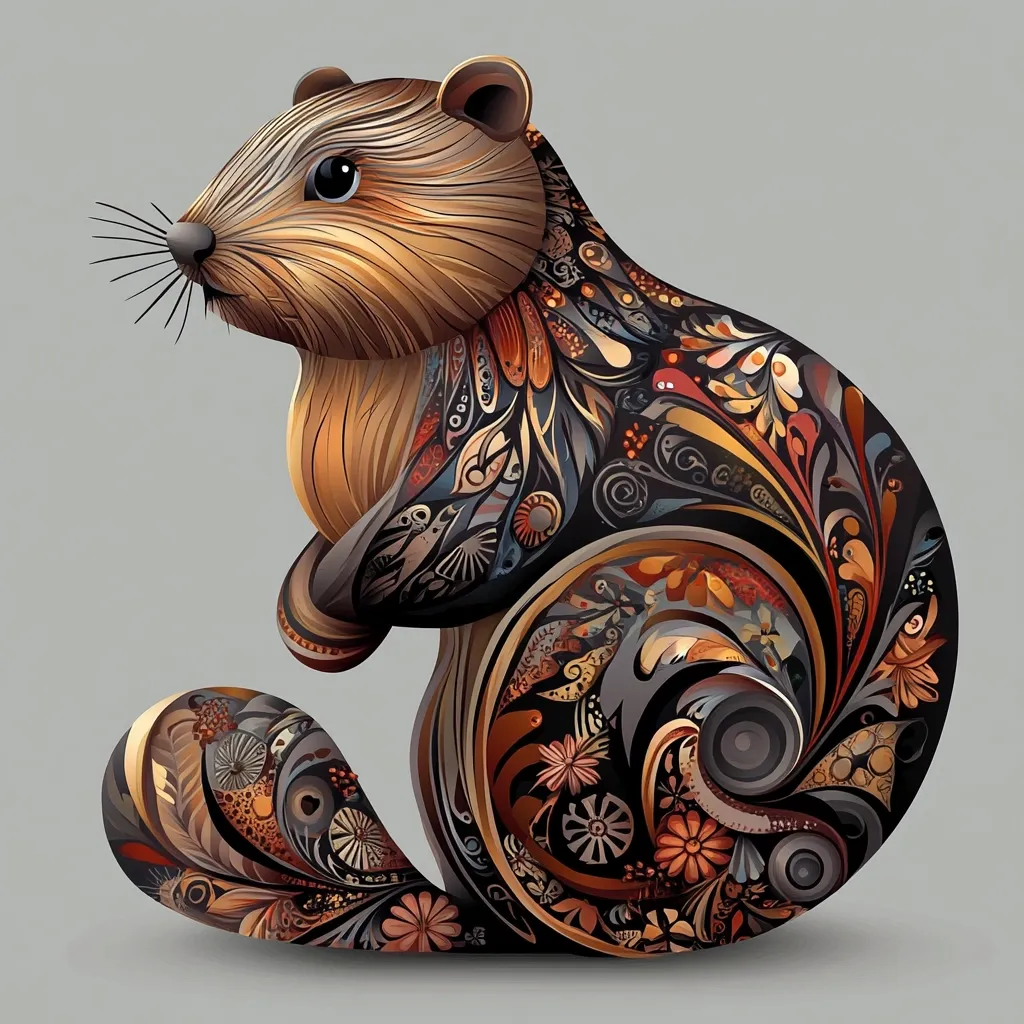 A stylized illustration of a marmot, rendered in intricate, swirling patterns.  The creature's fur is depicted with flowing lines of brown and gold, while its body is adorned with elaborate floral and geometric designs in dark browns, oranges, and reds.  The overall effect is a sophisticated blend of realism and ornamental art.