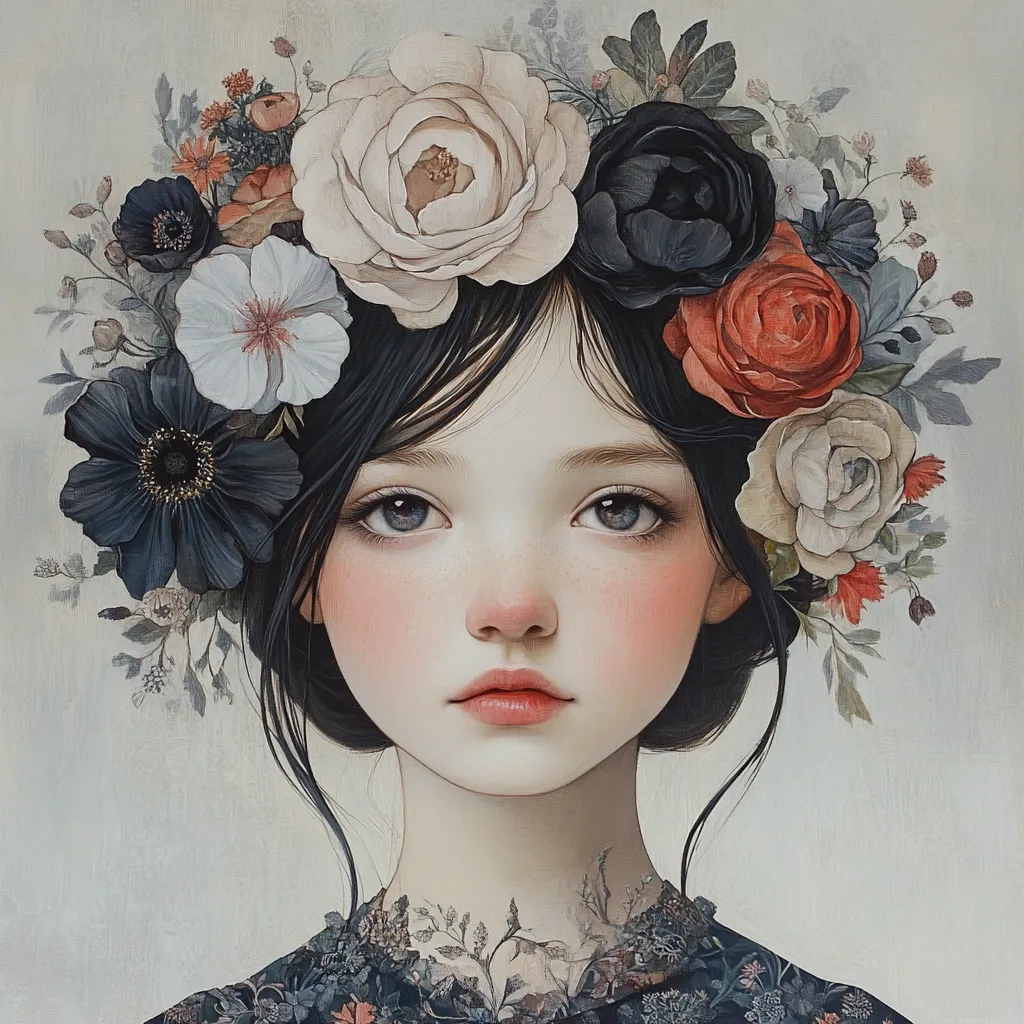 A young girl with dark hair is depicted in a painting, adorned with a crown of meticulously rendered flowers in varying shades of white, red, and dark blue.  Her expression is serene and thoughtful, her skin flawlessly smooth with delicate rosy cheeks. The style is realistic, yet imbued with a dreamy, ethereal quality, suggesting a sense of quiet beauty and innocence.  The background is a muted, neutral tone that allows the girl and the floral crown to take center stage.
