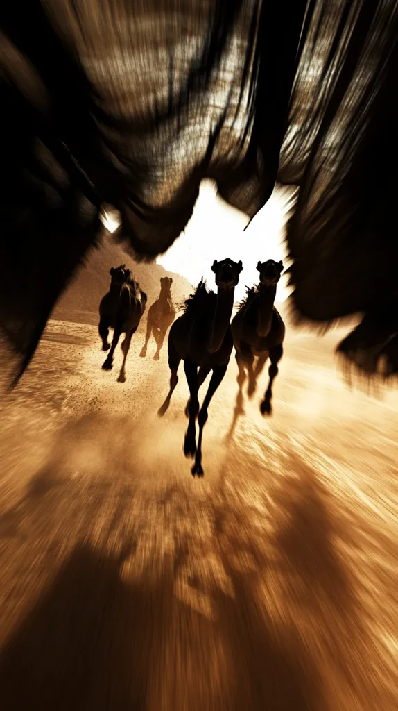 A breathtaking low-angle shot captures a herd of camels thundering across a desert landscape.  The motion blur emphasizes their speed, creating a sense of dynamism.  Silhouetted against a bright background, they appear as dark figures, their forms partially obscured by a textured, shadowy overhead element, possibly a tent or fabric.  The overall effect is one of powerful movement and wild beauty.