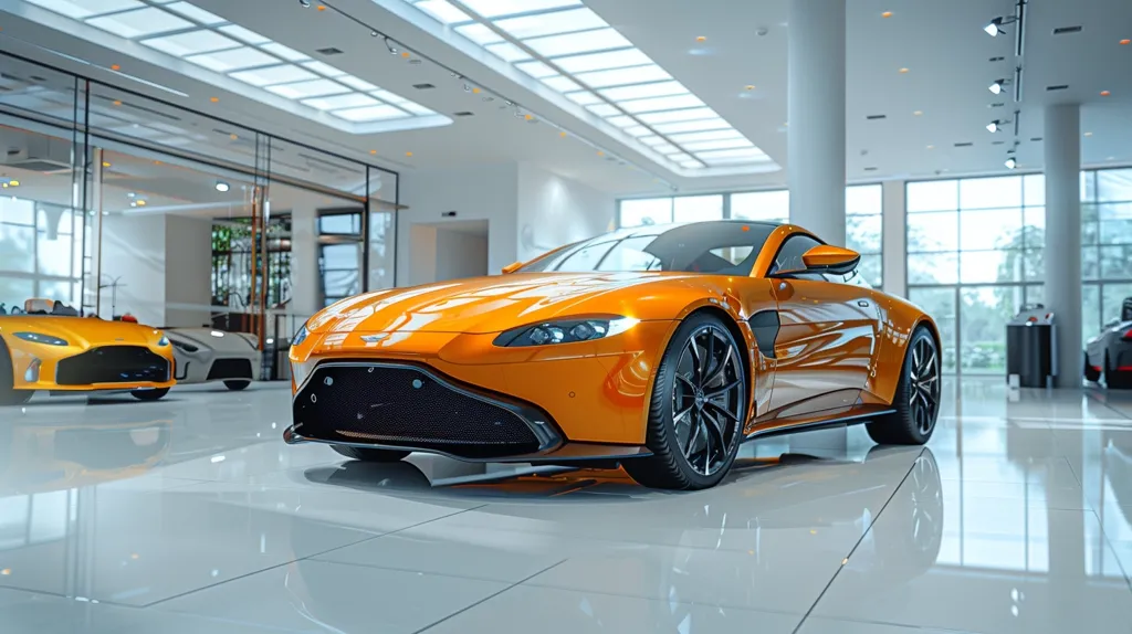 A vibrant orange Aston Martin Vantage dominates the foreground of a modern, bright car showroom.  The sleek sports car gleams under the bright lights, its polished finish reflecting the clean, minimalist architecture. Other luxury vehicles are visible in the background, showcasing the upscale atmosphere of the dealership. The spacious showroom boasts large windows and a high ceiling, creating an airy and elegant display area.