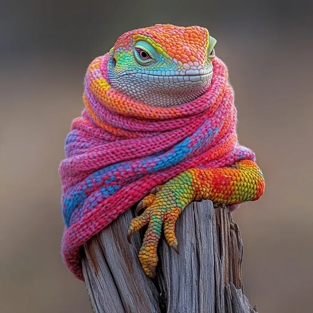 A vibrantly colored lizard, seemingly adorned with a rainbow, is snuggled in a pink and blue knitted scarf.  Its scales shimmer with iridescent hues. The reptile rests its clawed hand on a weathered grey wooden post, creating a striking contrast between the creature's bright colors and the muted background. The overall image is whimsical and evokes a sense of warmth and comfort.