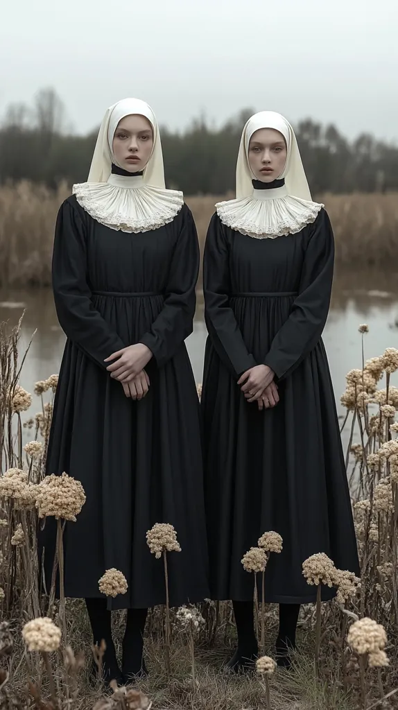 Two women, dressed identically in long black dresses and white nun-like head coverings, stand in a field of dried flowers.  Their attire is reminiscent of religious garb, and they maintain identical poses, hands clasped in front.  The overall mood is somber and mysterious, emphasized by the muted color palette and desolate landscape. The image creates a sense of duality and unspoken connection.