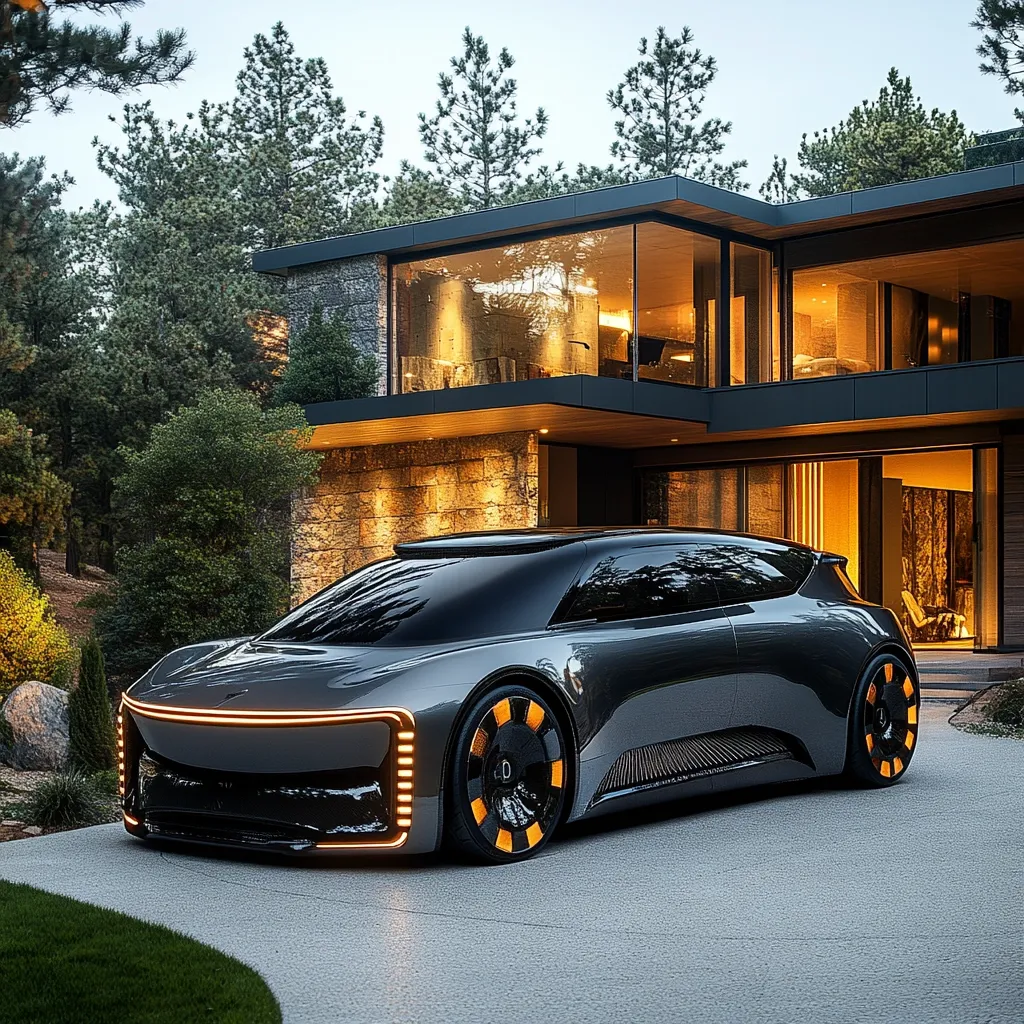 A sleek, dark gray electric concept car with distinctive orange accent lighting is parked in the driveway of a modern, luxury home. The house features large windows showcasing a warm interior, nestled amongst tall pine trees.  The scene evokes a feeling of affluence and futuristic design, highlighting the car's elegant lines and advanced technology.