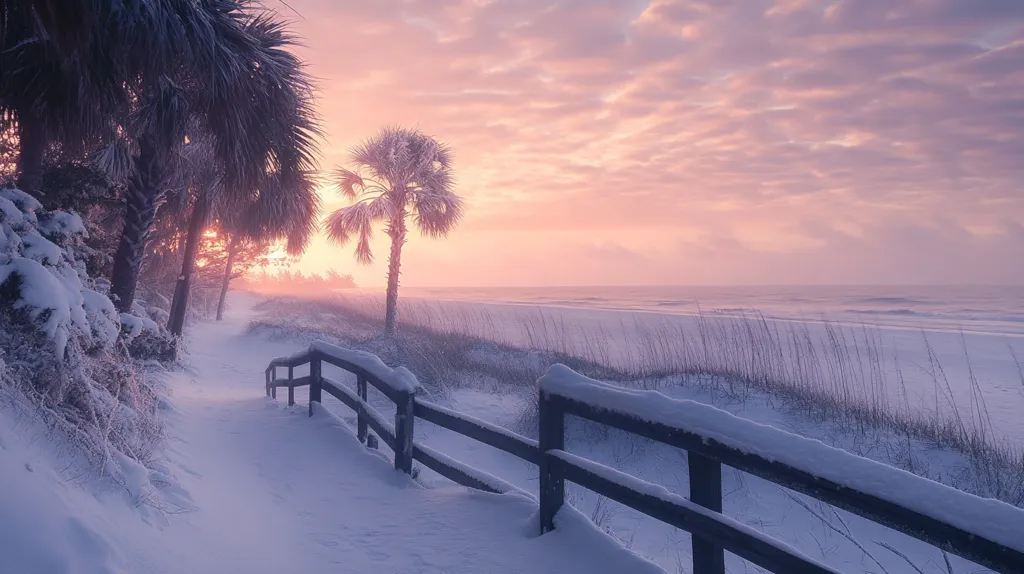 A snow-covered path leads to a serene beach at sunrise.  Palm trees dusted with snow line the path, a striking contrast to the wintry scene.  A wooden fence, heavy with snow, borders the path, framing the pastel-colored sky and tranquil ocean. The soft light creates a magical, peaceful atmosphere.