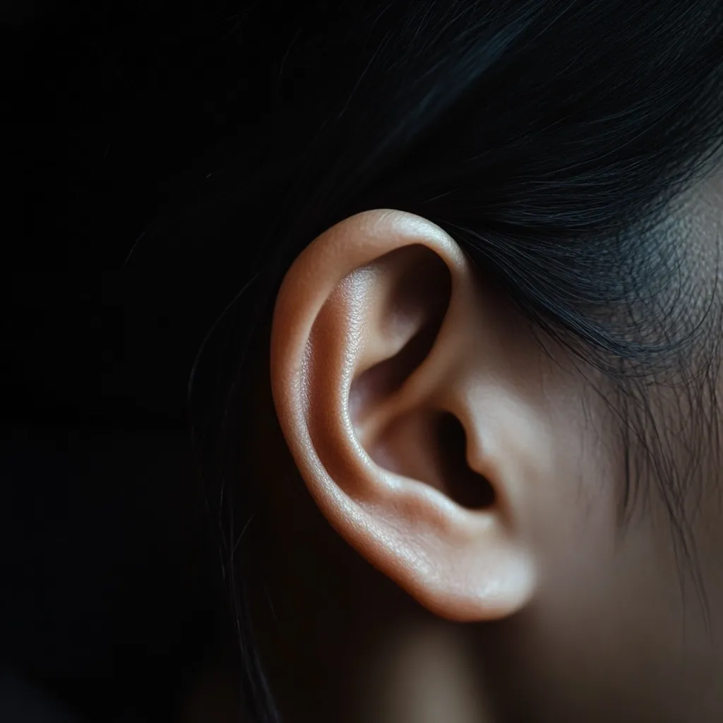A close-up shot reveals a person's ear, delicately captured against a dark backdrop.  The image focuses on the intricate details of the ear's structure, highlighting its curves and textures.  Dark hair frames the ear, adding depth to the composition. The lighting subtly illuminates the ear's form, creating a sense of intimacy and focus.