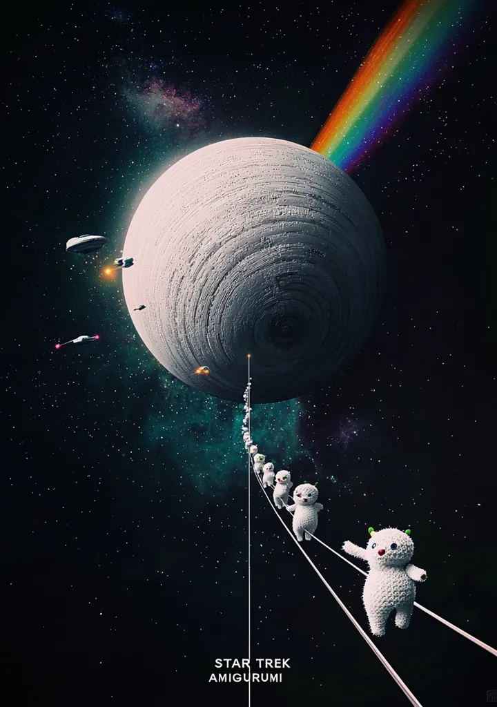 A digital artwork titled “Star Trek Amigurumi” depicts a large, grey planet in space with a rainbow streaking across the upper right corner.  A line extends from the planet, upon which small, white amigurumi figures walk toward the planet.  Several small spaceships trail behind the line of figures.  The background is dark space speckled with stars.