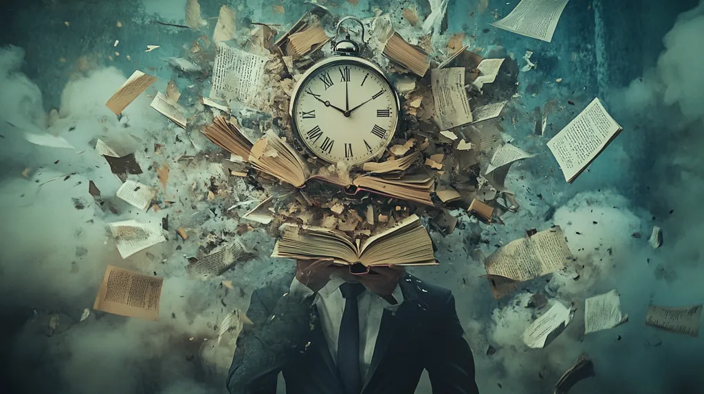 A surreal image depicts a businessman holding an open book over his face, from which pages and a clock explode outwards in a cloud of smoke and debris.  The scene suggests an overwhelming amount of information or a chaotic struggle against time and knowledge.  The dark, moody background enhances the dramatic and somewhat stressful atmosphere.  The overall effect is a powerful visual metaphor for the pressures of information overload.