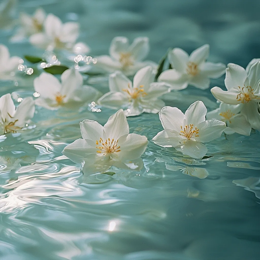 Delicate white flowers, possibly jasmine, float serenely on calm, teal water.  Sunlight glints off the surface, creating shimmering reflections.  The blossoms are scattered across the water, creating a peaceful and tranquil scene. The image evokes a sense of serenity and natural beauty.