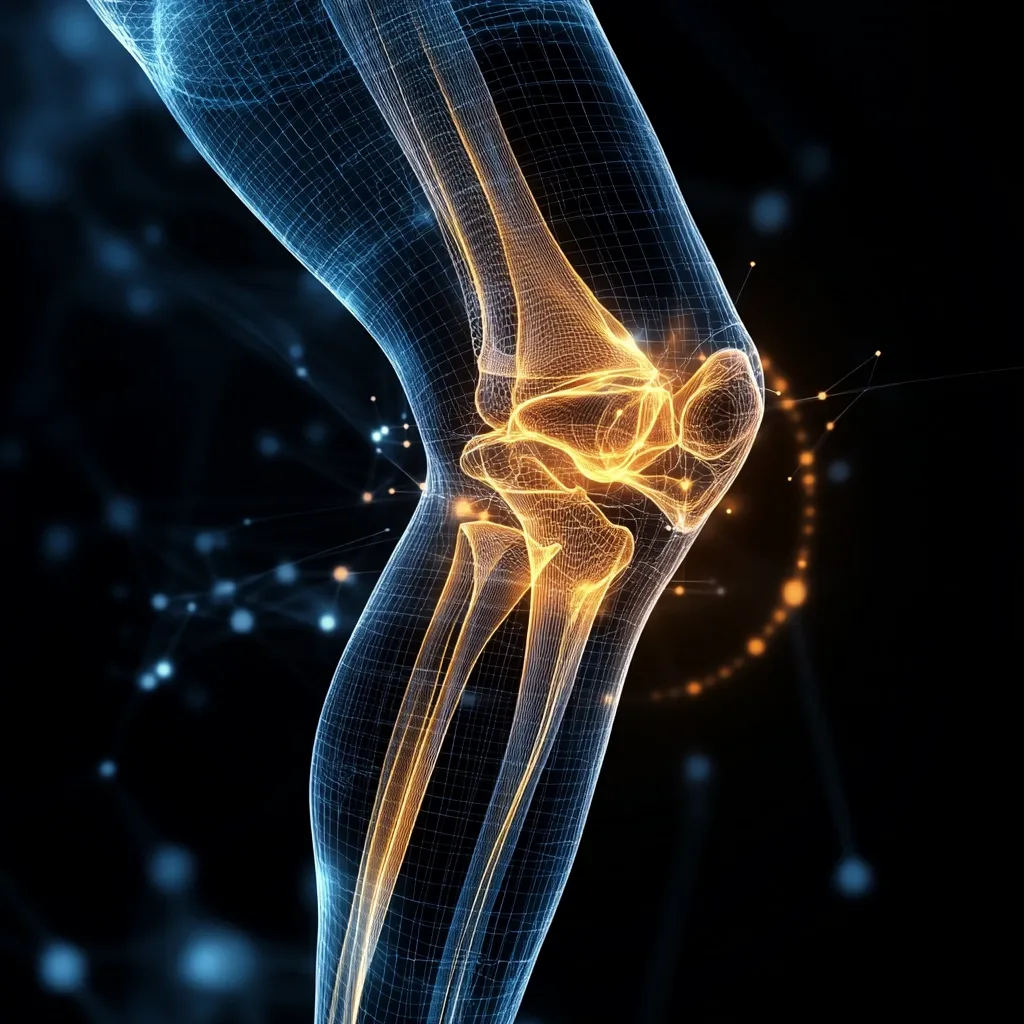 A digital rendering showcases a human knee joint, depicted as a wireframe model.  The bones are highlighted in warm orange, contrasting against a cool blue mesh representing the surrounding tissue.  The background features a dark, abstract backdrop with glowing points of light, suggesting a technological or medical context. The image emphasizes the intricate structure of the knee joint.