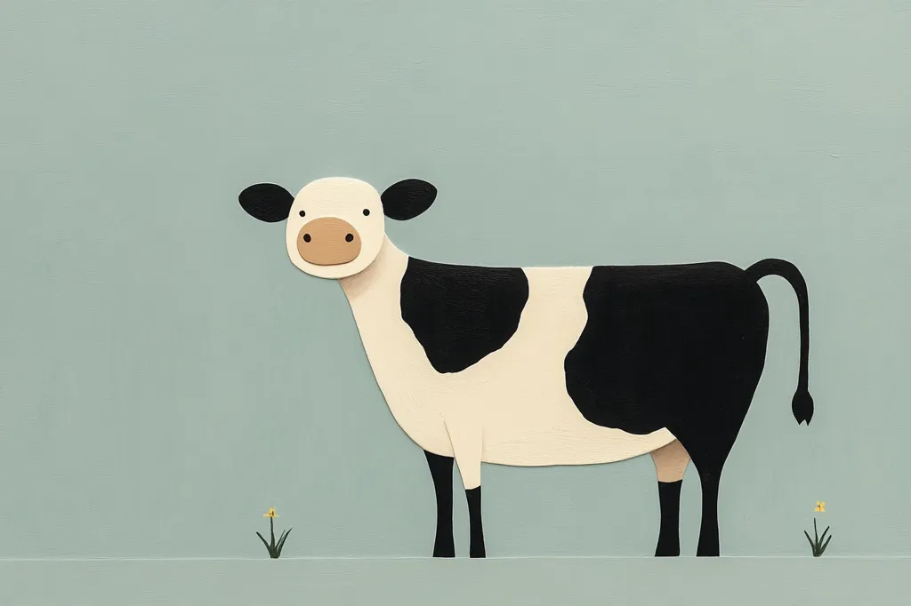 A charming illustration of a black and white cow stands against a pale teal background.  The cow is depicted in a simplified, almost folk-art style, with bold black and white patches.  Small yellow flowers sprout from the ground on either side, adding a touch of springtime to the scene. The overall aesthetic is simple, cheerful, and slightly whimsical.